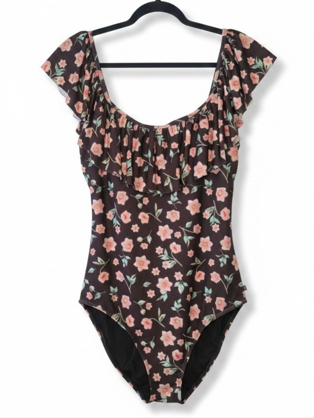 Floral Ruffle One-Piece Swimsuit in Black with Pink Flowers